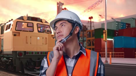 close up of asian male engineer with safety helmet thinking about something and looking around while standing with freight cargo train at port