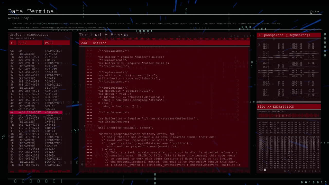 Animation of data processing on interface with red and black background