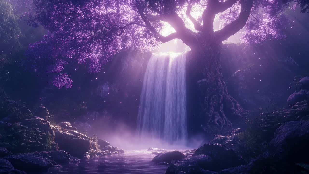 A mystical fantasy scene with a purple tree and waterfall, captured from a low angle