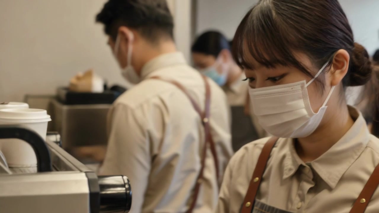 Barista che pulisce il portafiltro al bancone del caffè durante l'ora di punta, indossando un grembiule grigio e una mascherina.