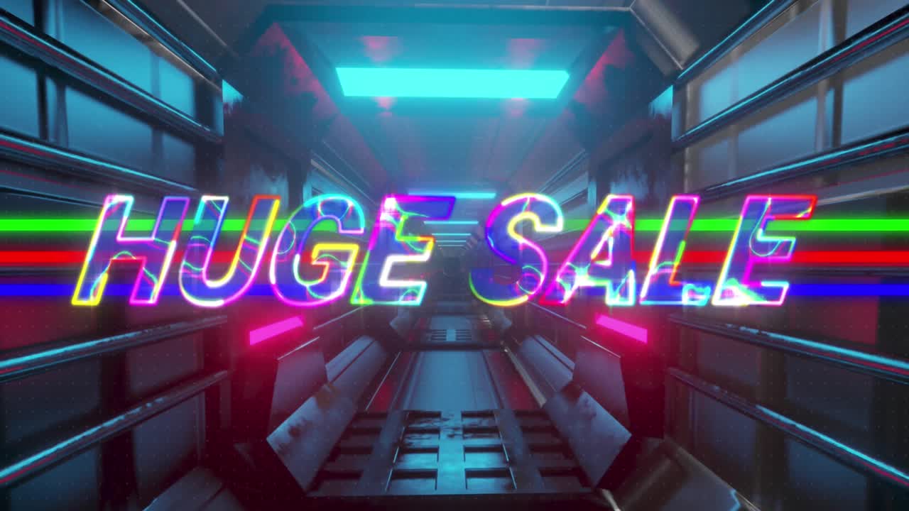 거대한 판매 텍스트와 백그라운드에서 미래의 터널 위의 원의 애니메이션