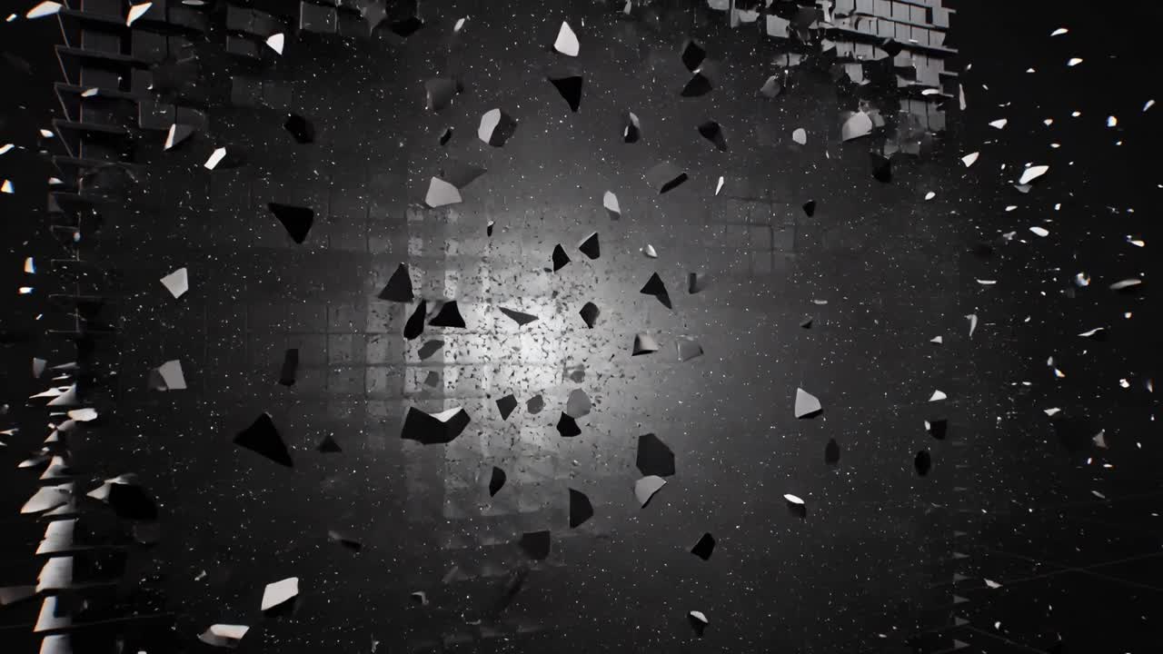 Un nucleo luminoso pulsante frantuma la faccia frontale di un cubo modulare in uno studio buio, espellendo frammenti di tessere.