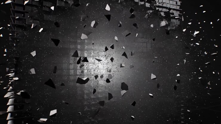 Pulsing bright core shattering modular cube front face at dark studio, ejecting tile fragments