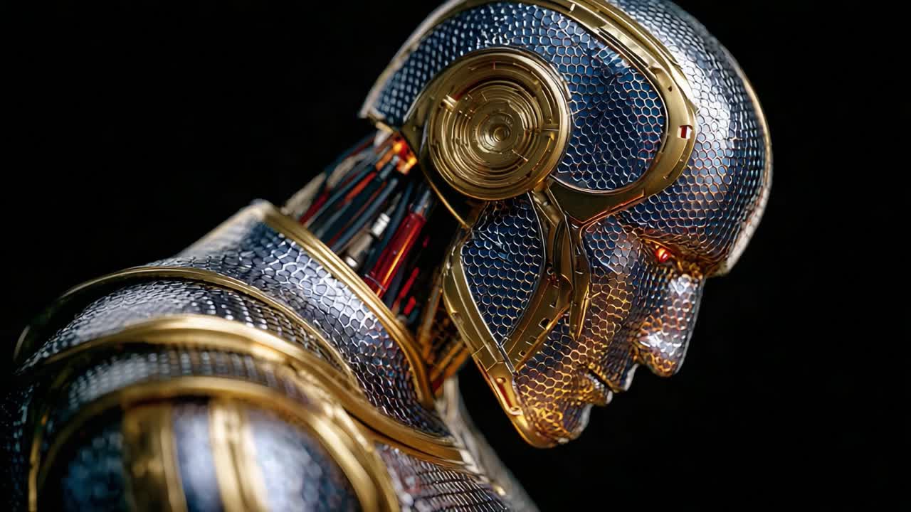 A Glossy Metallic Robot Showcasing Intricate Design and Advanced Technology, Captured in Two Frames for a Stunning Visual Experience