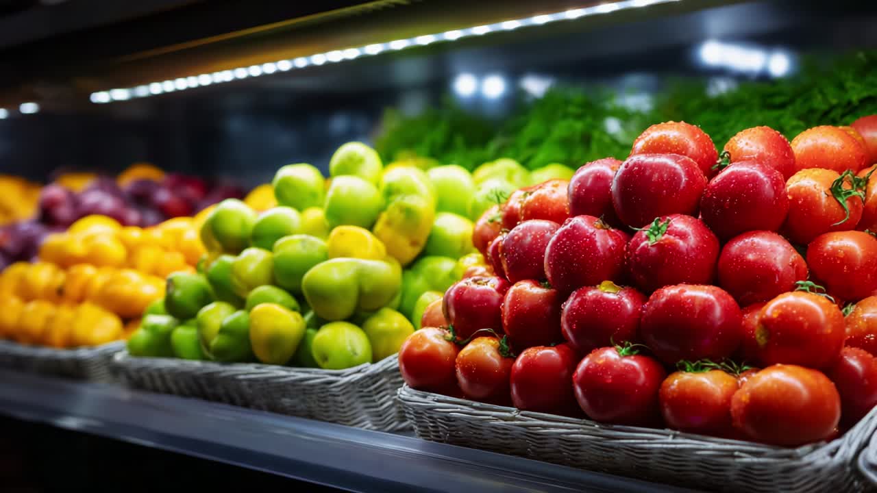 Uma abundante exposição de frutas frescas em um supermercado, apresentando uma organização colorida de maçãs, peras, limões e vegetação exuberante, cativando a atenção dos clientes e melhorando a estética do corredor