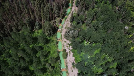 Vista-Aérea-De-Agua-Turquesa-En-Piscinas-Rodeadas-De-Bosque-En-El-Valle-De-Telluride,-Colorado,-EE.