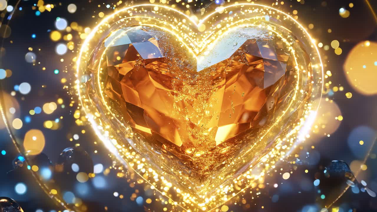A heart made of crystal is on a table. The heart is surrounded by many small diamonds. The diamonds are scattered around the heart, creating a beautiful and intricate design
