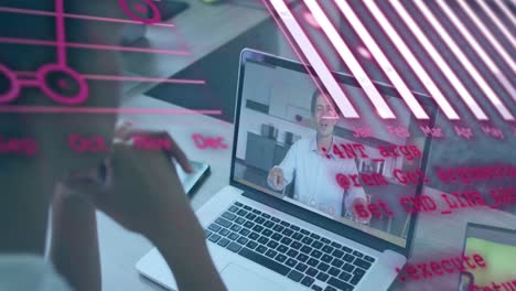 animación de datos financieros y gráficos sobre una mujer afroamericana haciendo una videollamada en una computadora portátil