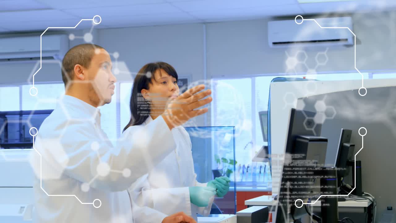 animación del procesamiento de datos científicos sobre diversos científicos en el laboratorio