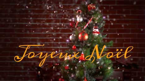 animation of joyeux noel text over christmas decorations