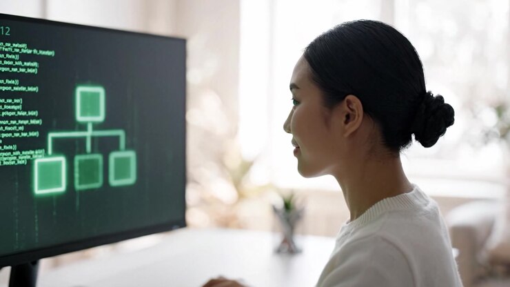 A focused individual engaged in programming, analyzing data, and developing algorithms on a modern computer screen displaying code and structure in a bright workspace.
