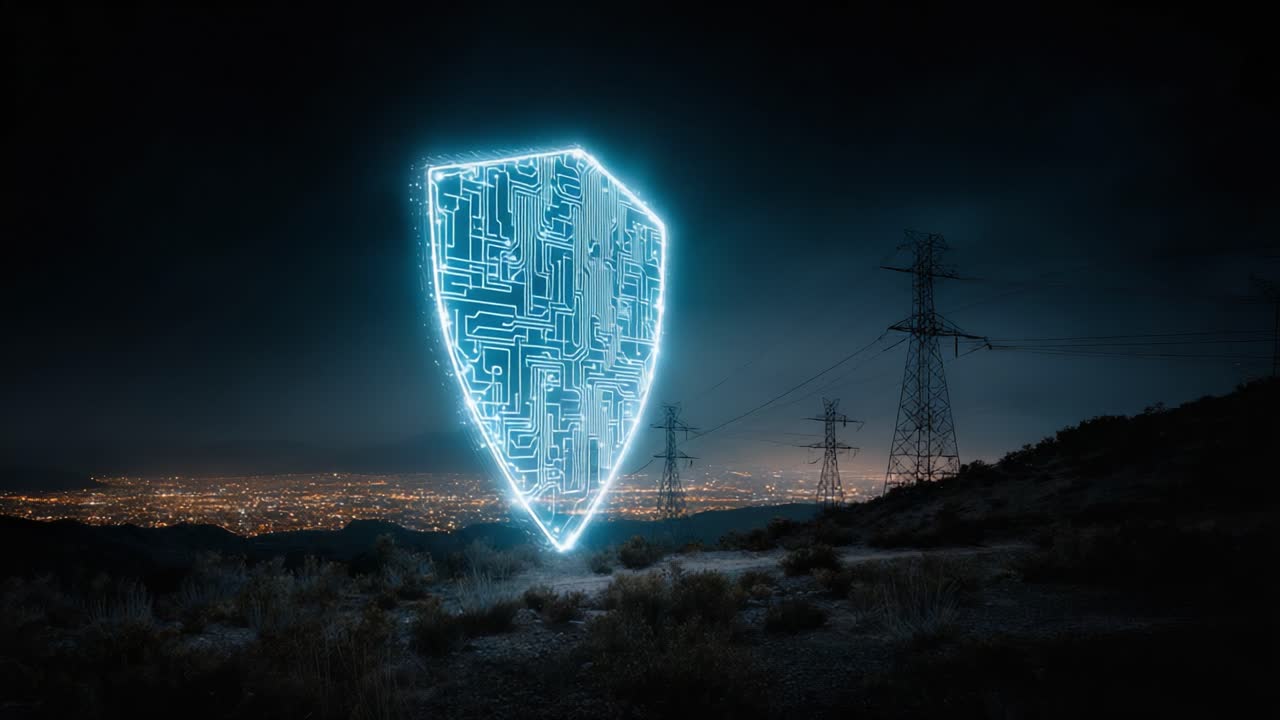 A Futuristic Shield of Protection Illuminates the Night, Symbolizing Cybersecurity and Digital Defense Against Potential Threats and Attacks in a High-Tech Landscape
