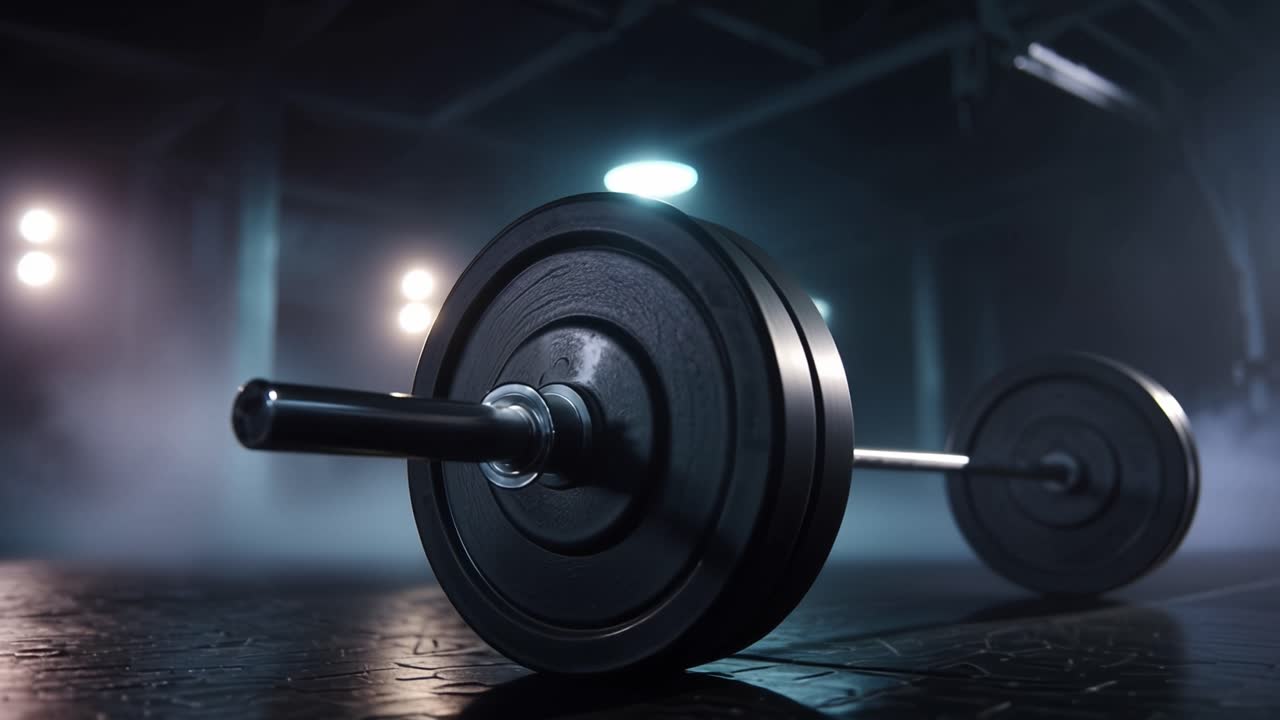 A sleek, heavy barbell rests on a textured surface, surrounded by a dimly lit environment, with fog and soft overhead lights creating an intense workout atmosphere