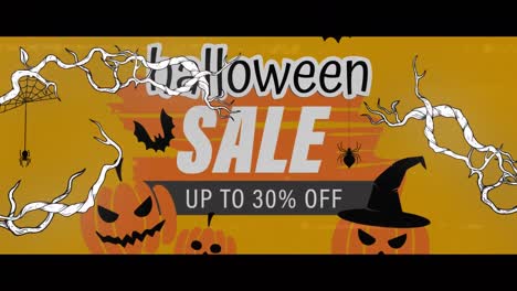 animation of halloween sale with pumpkins and branches on orange background