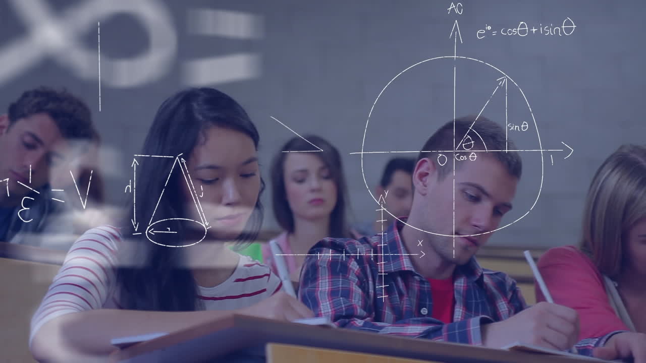 estudiantes que estudian en una sala de conferencias y ecuaciones matemáticas