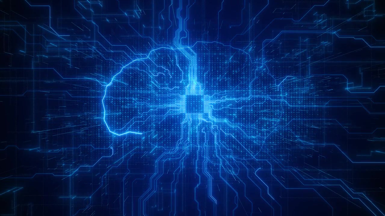 Blue digital tunnel background floating panels code textures glowing deep tech perspective ai