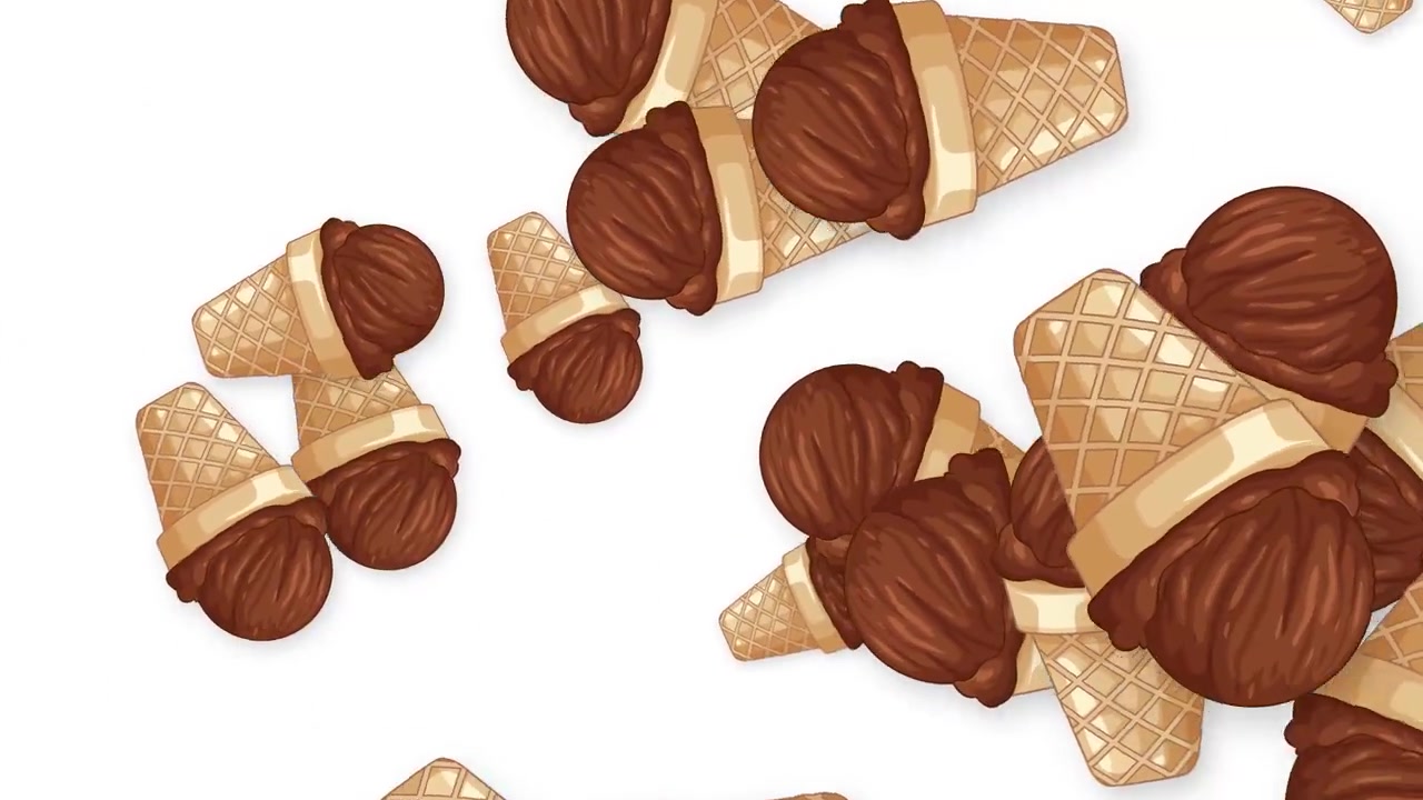Coni gelato al cioccolato animati cadono e fluttuano su uno sfondo bianco pulito al rallentatore