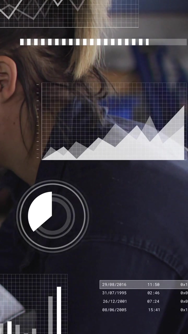 Vertical video: Woman sitting at desk, data updating, timers and charts overlaying her for analysis