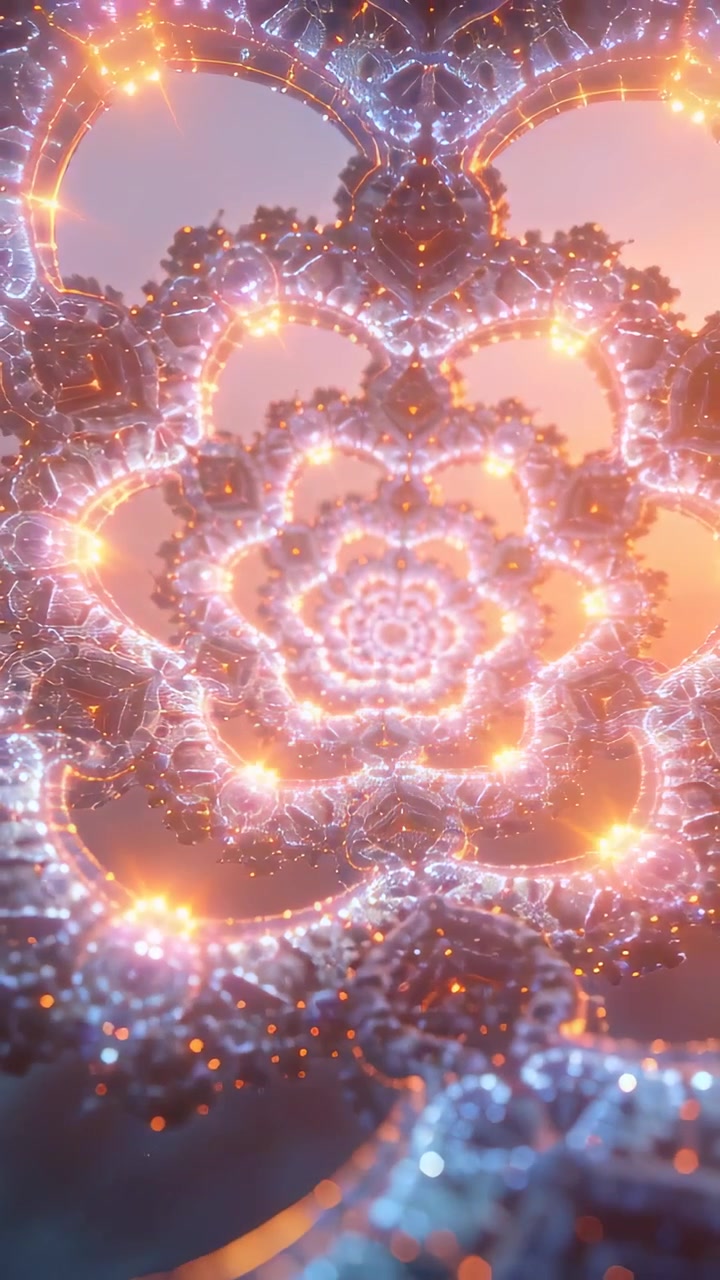 Video verticale: Fiore frattale rotante in CGI con la telecamera che si muove verso l'interno, rivelando nodi luminosi