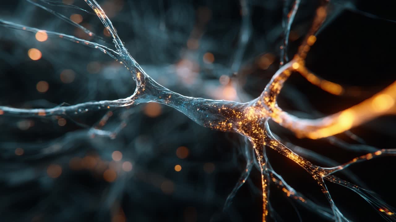 Stunning conceptual animation showing a neuron firing impulses and sending electrical signals through the brain's neural network, a process crucial for memory, thought, and cognitive function