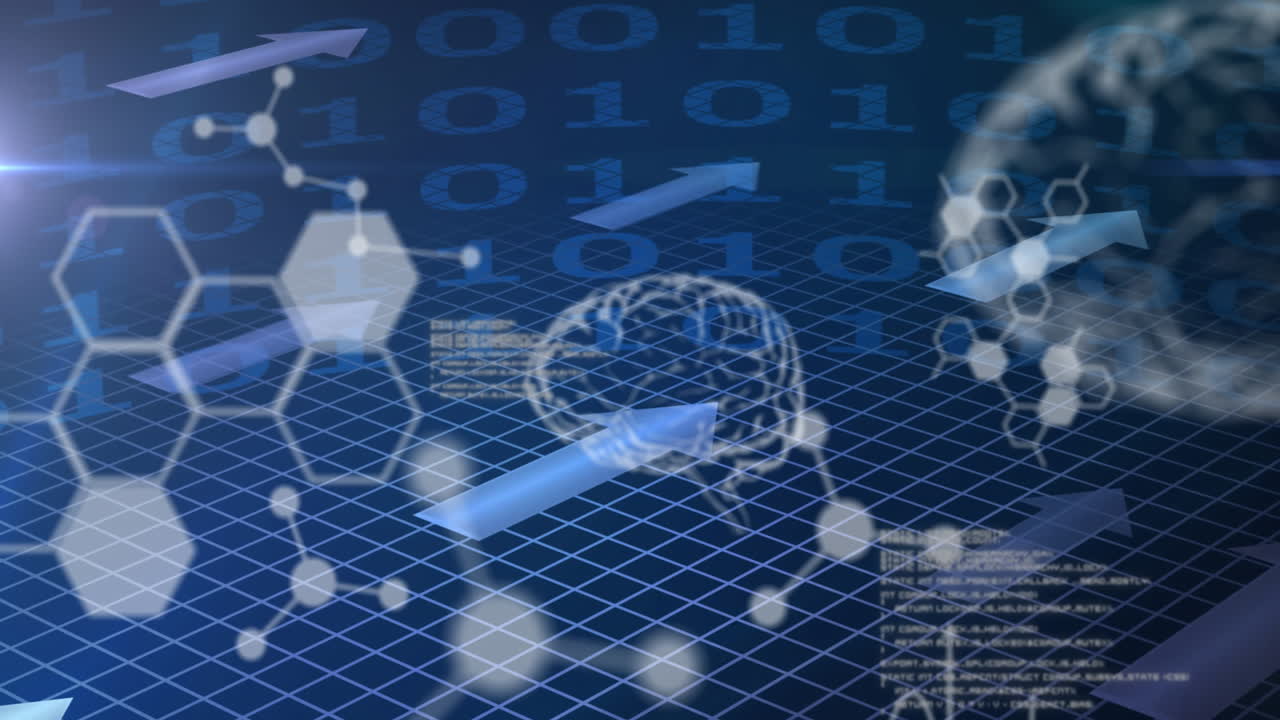 디지털 애니메이션은 의료 데이터와 글로벌 과학 개념을 보여줍니다.