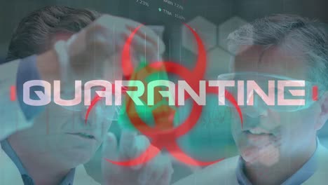 Animation-of-quarantine-and-biohazard-over-caucasian-male-senior-lab-workers-with-samples