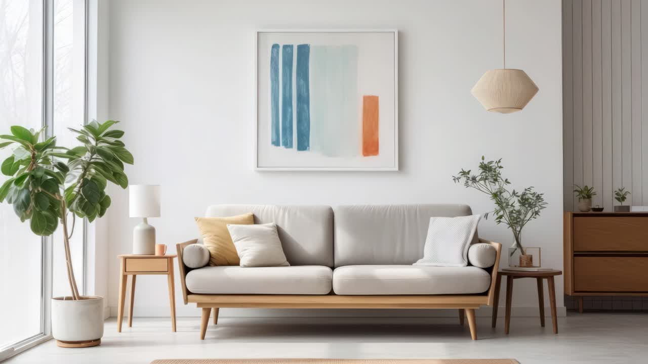 A modern living room with minimalist decor, captured from a wide-angle