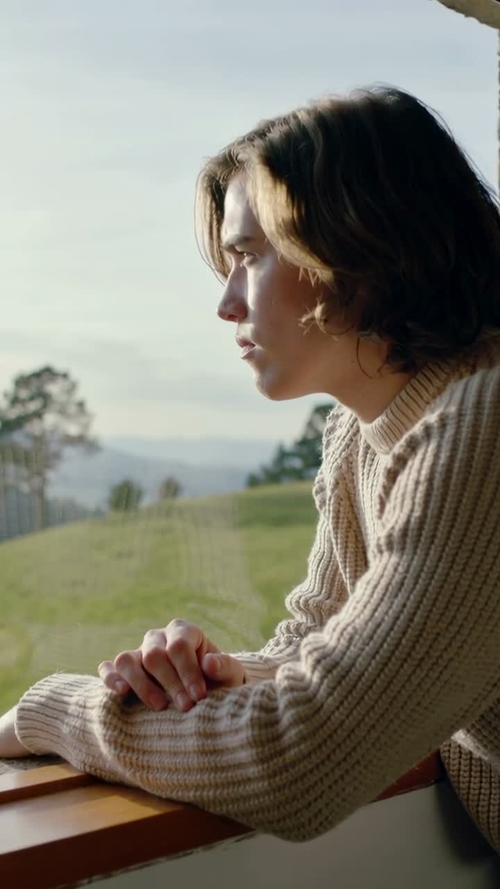 Video vertical: Adolescente con suéter color crema apoyado en un alféizar de madera, mirando pensativo con la luz del sol en movimiento, espacio para texto.