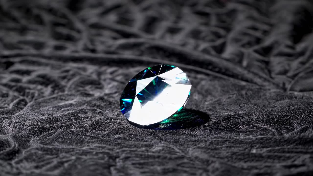 Close-up video of a sparkling gemstone on textured fabric, shot from a low angle