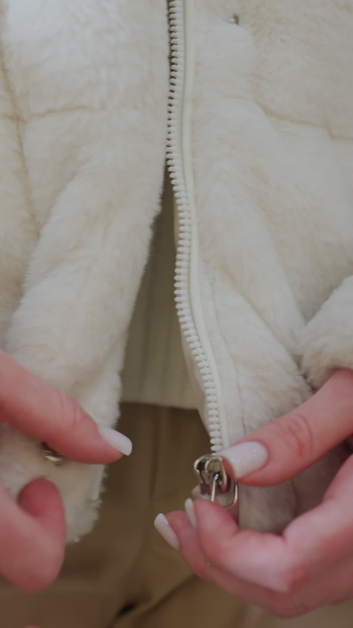 Close-up of hands fixing zipper on soft, plush winter jacket with blurred background, person securing warm coat, showcasing cozy fashion and seasonal style in elegant outerwear