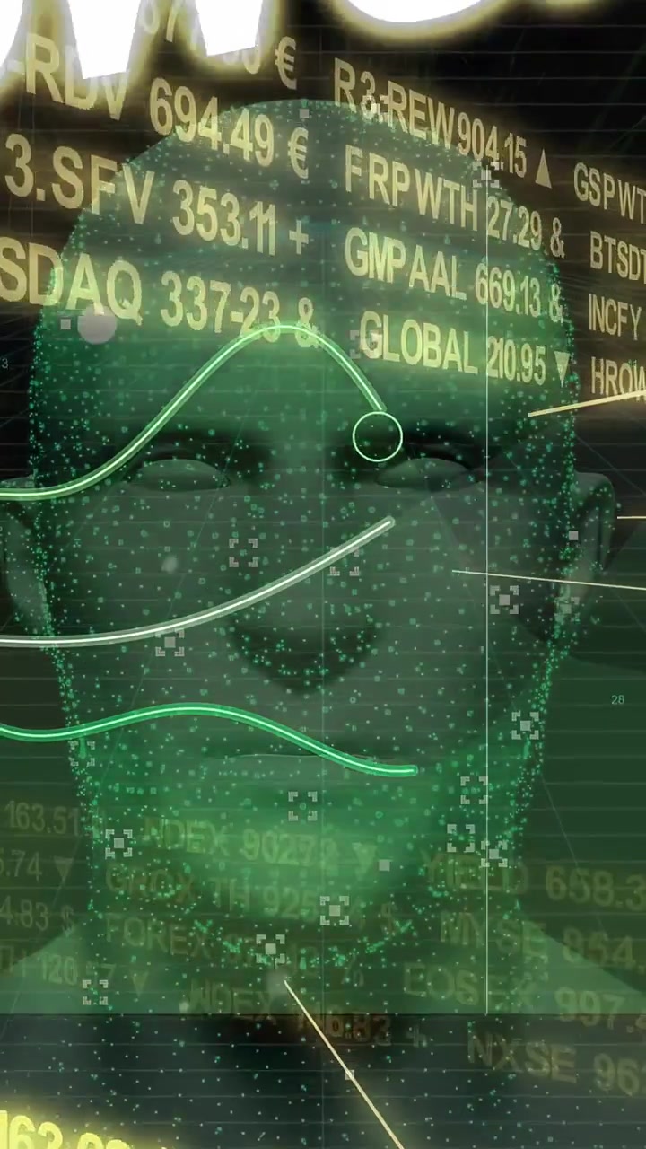 Vertical video: Neon tickers initiating point-cloud head emerging from grid, showing market data
