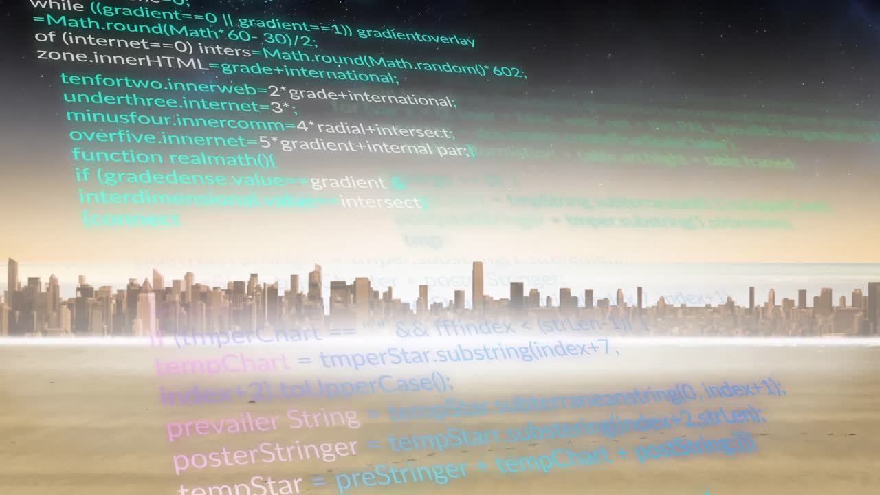 하늘에 대한 강과 마천루 위의 컴퓨터 언어의 애니메이션