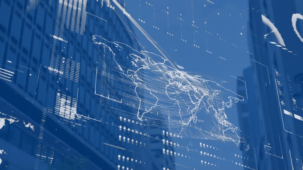 지구, 지도 및 로딩 바의 애니메이션 하늘에 대한 현대 건물의 낮은 각도 뷰