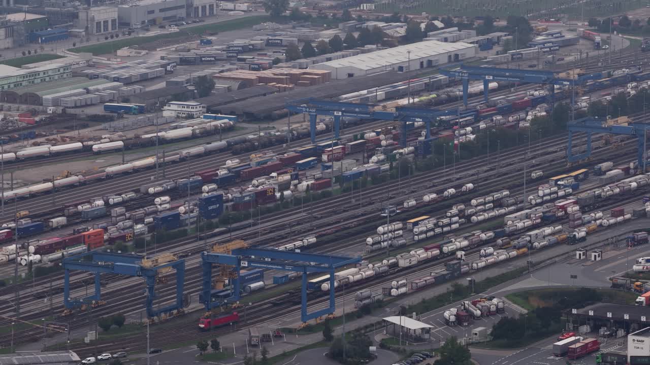 Industrial train trasnport facility. Intermodal transport, from the road to the rail. Aerial drone video