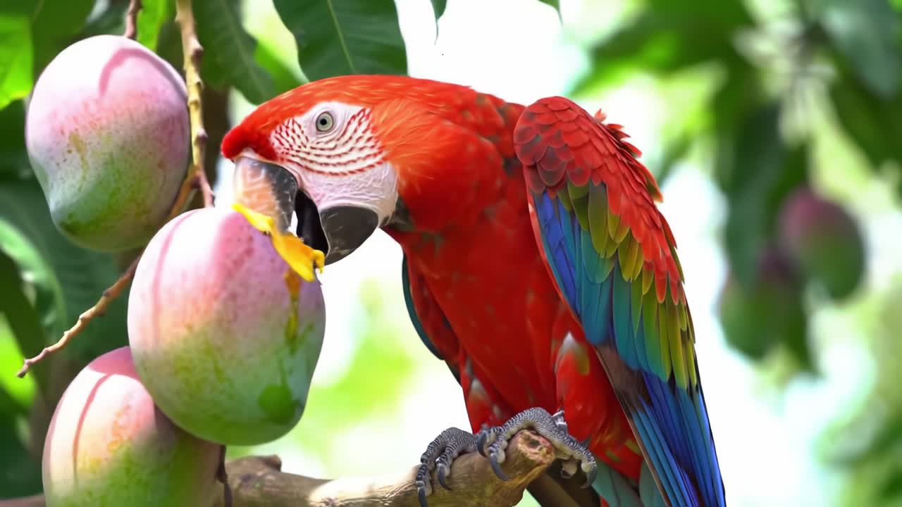 A Vibrant Scarlet Macaw Feasting on Juicy Mangoes Amidst Lush Greenery, Showcasing Nature's Beauty and the Colorful Plumage of This Exotic Bird