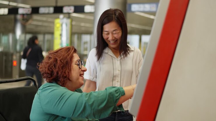 Two women at a station using a machine