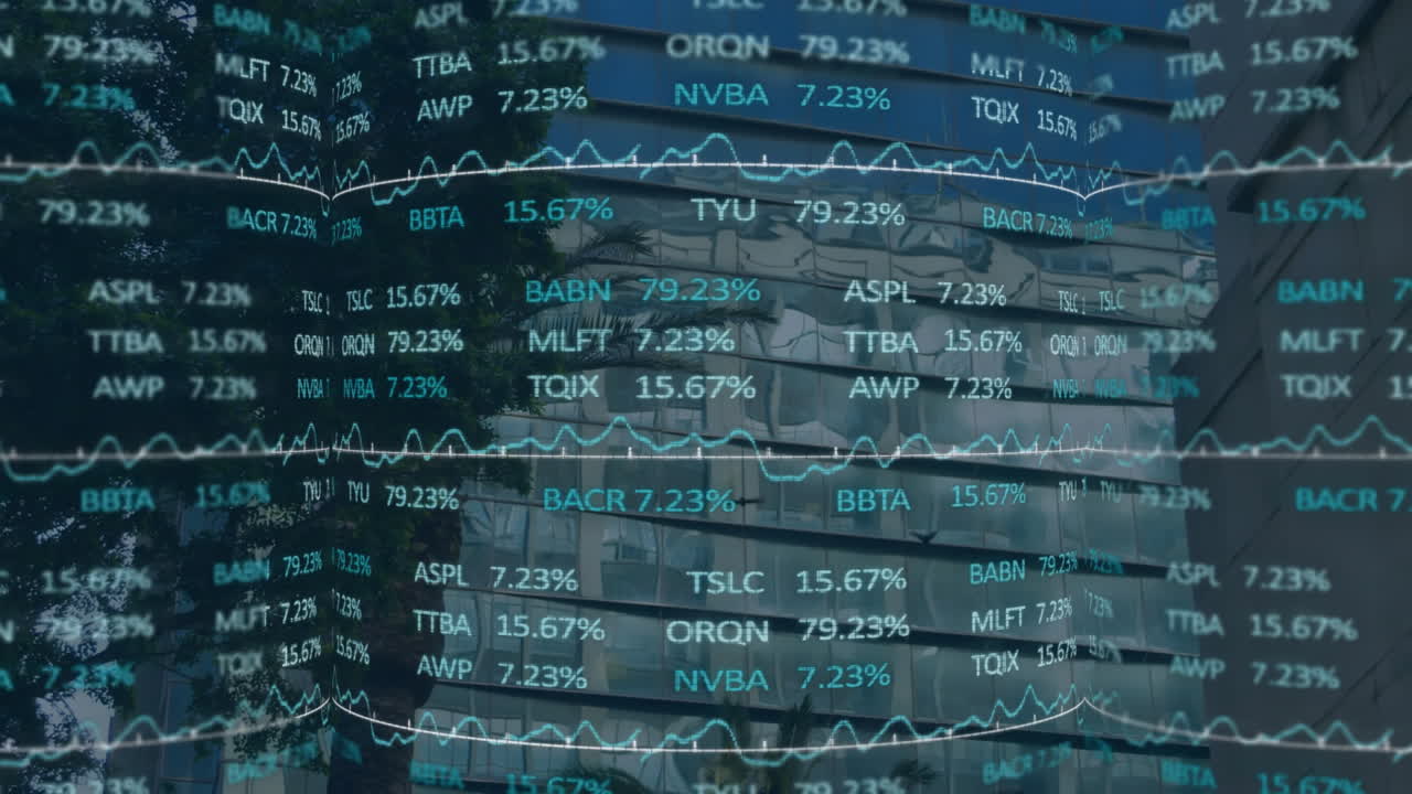 Financial data overlay displaying tickers, moving line graphs and percentages over glass facade