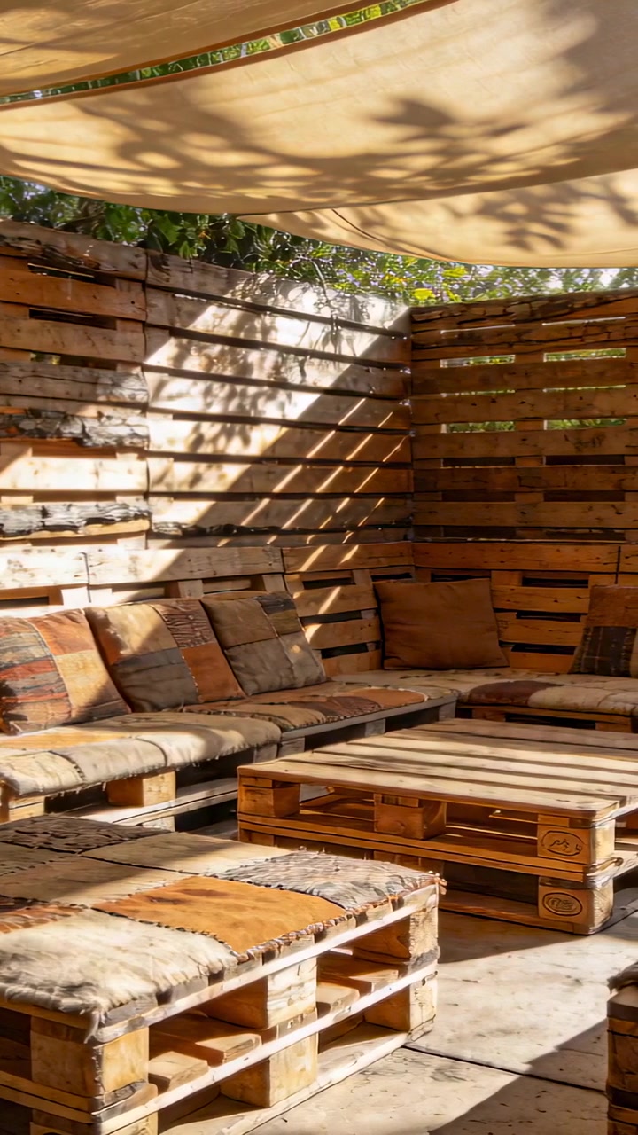 Video verticale: Luce solare mutevole che mostra i cuscini di una panca di pallet in un angolo del cortile, con la brezza che muove le foglie.