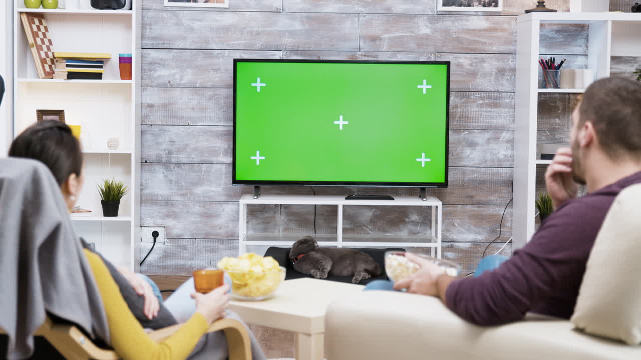 Coppia che guarda la TV con schermo verde in salotto con il loro gatto