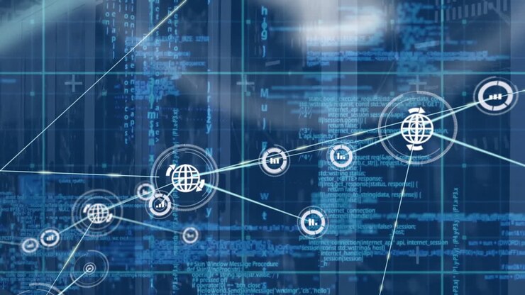Animation of network of connections with icons and data processing over computer servers