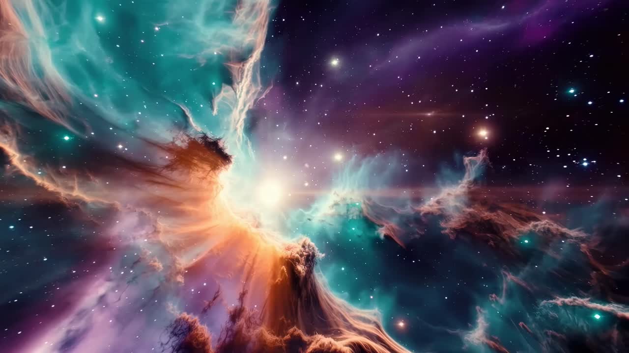 A mesmerizing cosmic video scene with a wide-angle view of colorful nebulae and stars
