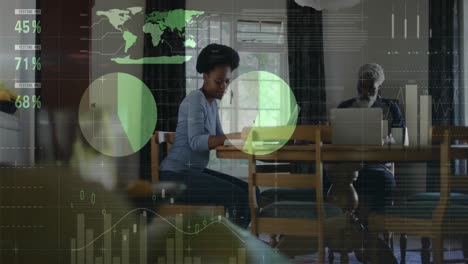 animation of financial data processing over african american father and adult daughter using laptops