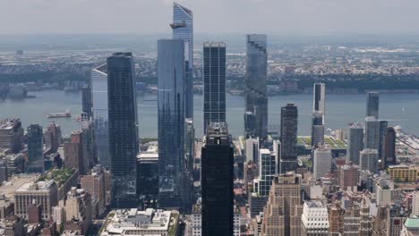 slow motion landscape of commercial towers buildings infrastructure skyscrapers high rise new york city downtown district manhattan usa america urban tourism empire state