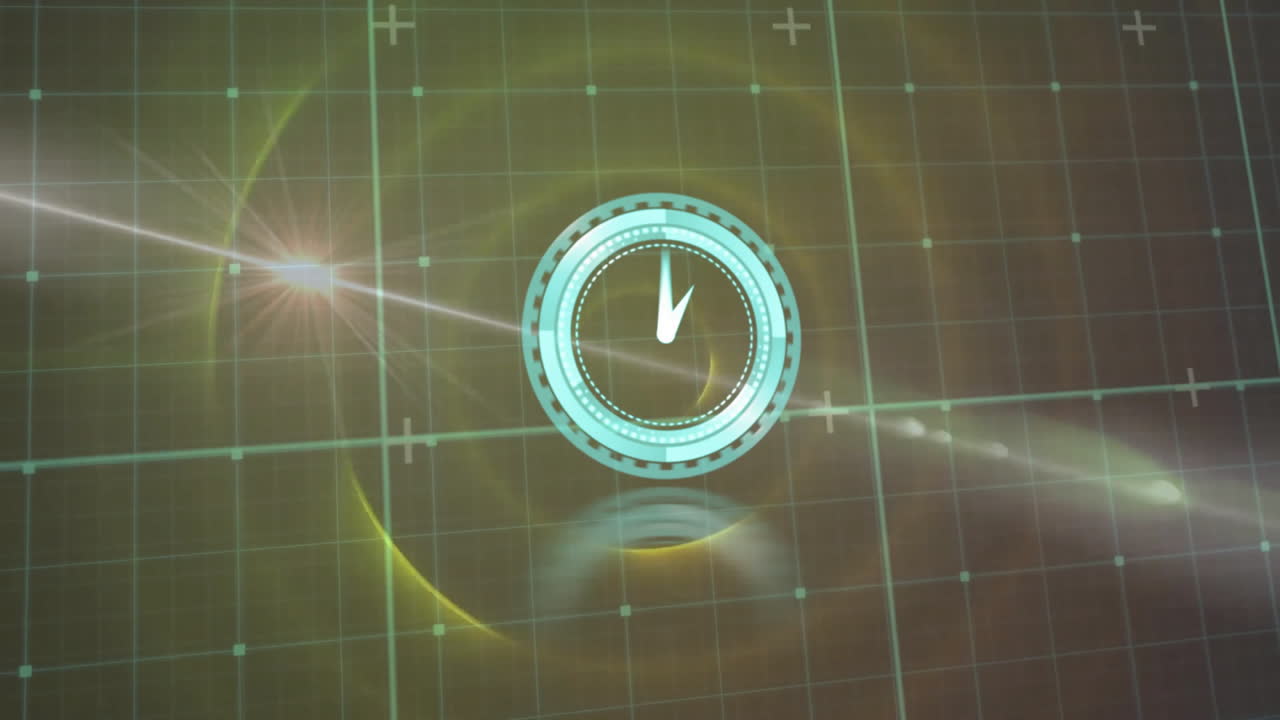 검은색 바탕에 빛의 흔적과 선을 가로질러 움직이는 시계의 애니메이션