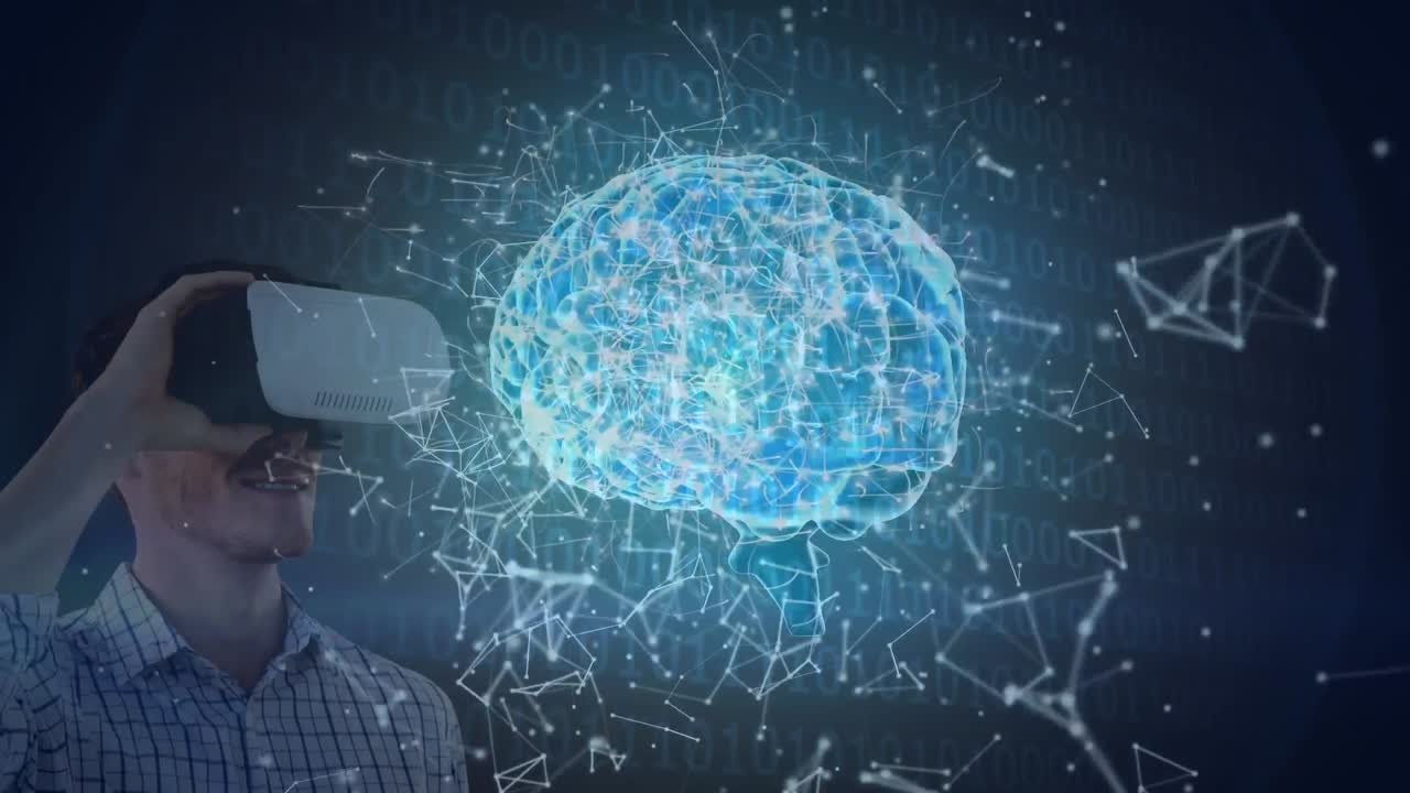 animación del cerebro y la red de conexiones sobre el hombre utilizando auriculares vr