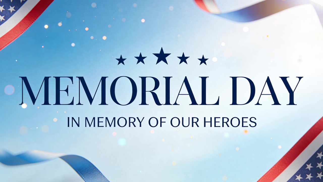 Avance de fotogramas mostrando el titular y subtítulo "MEMORIAL DAY" sobre un degradado azul cielo, con cintas rizándose.