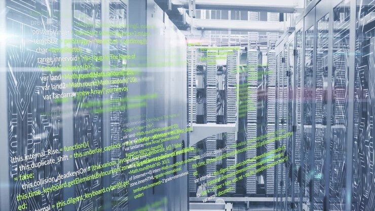 Computer code animation over servers in data center