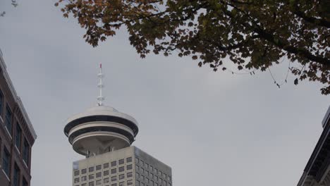 close up of harbour centre skyscraper and vancouver lookout restaurant with 360 degree observation deck, british columbia, canada