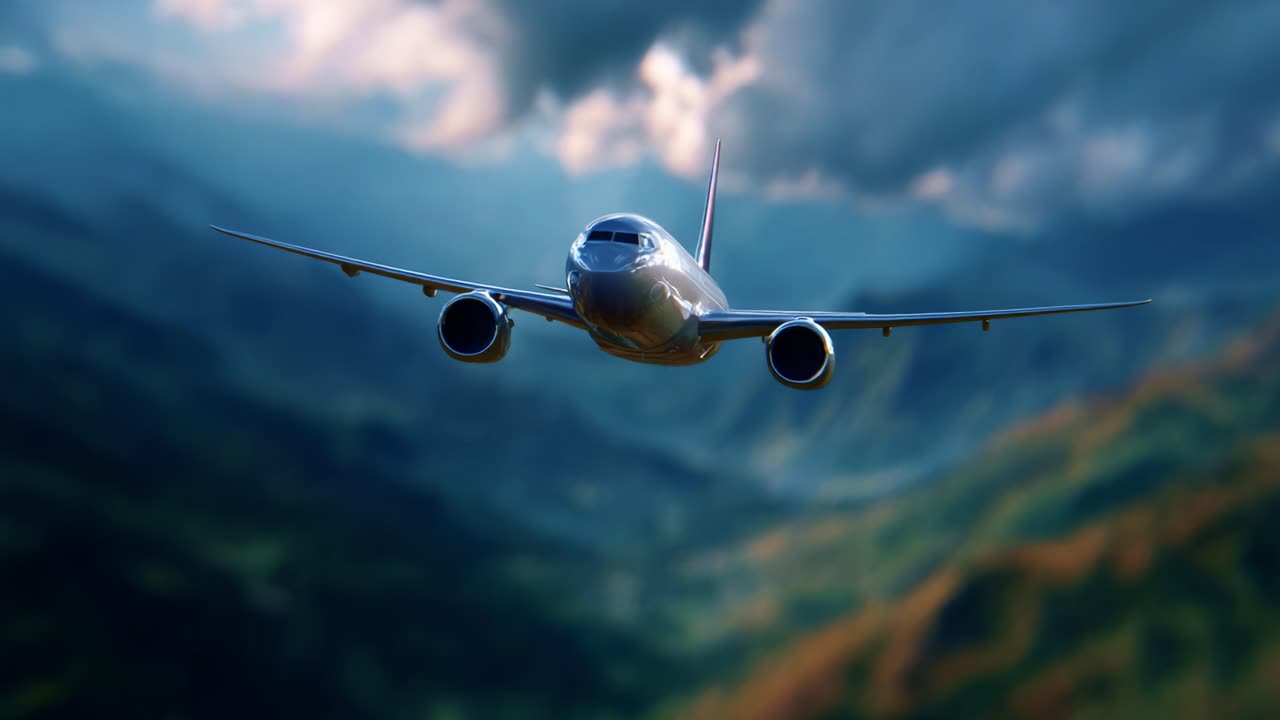 Un aereo elegante e moderno che solca i cieli, mettendo in mostra il suo design aerodinamico sullo sfondo di nuvole intense e terreni montuosi