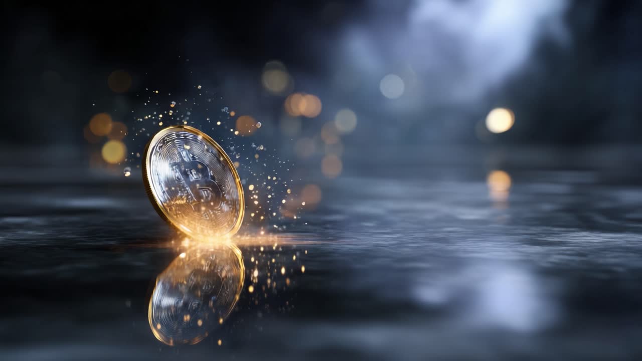 Una moneta scintillante fluttua sopra una superficie eterea surreale, creando increspature nell'acqua, circondata da un'atmosfera magica di luce scintillante e mistero
